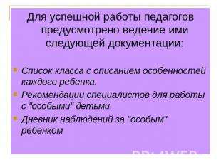 Для успешной работы педагогов предусмотрено ведение ими следующей документации:С