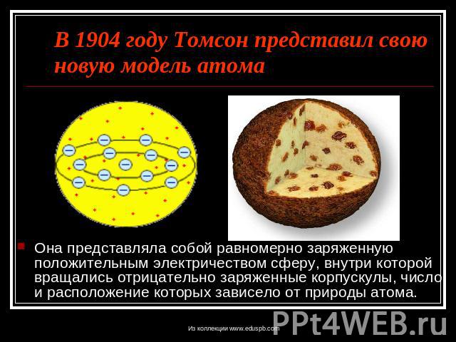 В 1904 году Томсон представил свою новую модель атома Она представляла собой равномерно заряженную положительным электричеством сферу, внутри которой вращались отрицательно заряженные корпускулы, число и расположение которых зависело от природы атома.
