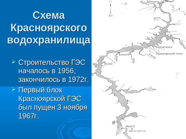 Схема Красноярского водохранилища Строительство ГЭС началось в 1956, закончилось в 1972г. Первый блок Красноярской ГЭС был пущен 3 ноября 1967г.