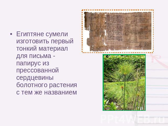 Египтяне сумели изготовить первый тонкий материал для письма - папирус из прессованной сердцевины болотного растения с тем же названием