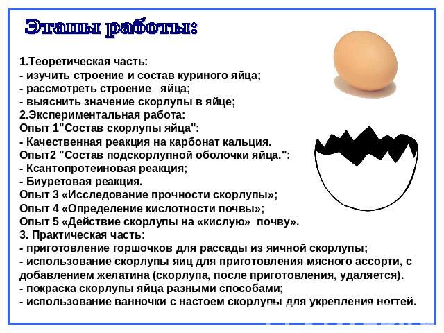 Этапы работы: 1.Теоретическая часть:- изучить строение и состав куриного яйца;- рассмотреть строение яйца;- выяснить значение скорлупы в яйце;2.Экспериментальная работа:Опыт 1