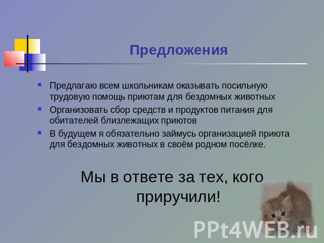 Предложения Предлагаю всем школьникам оказывать посильную трудовую помощь приютам для бездомных животныхОрганизовать сбор средств и продуктов питания для обитателей близлежащих приютовВ будущем я обязательно займусь организацией приюта для бездомных…