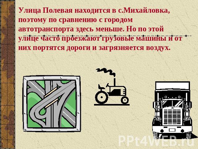 Улица Полевая находится в с.Михайловка, поэтому по сравнению с городом автотранспорта здесь меньше. Но по этой улице часто проезжают грузовые машины и от них портятся дороги и загрязняется воздух.