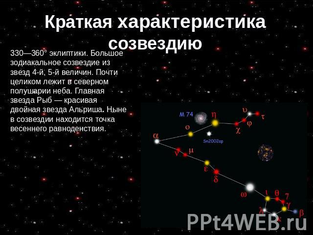 Краткая характеристика созвездию 330—360° эклиптики. Большое зодиакальное созвездие из звезд 4-й, 5-й величин. Почти целиком лежит в северном полушарии неба. Главная звезда Рыб — красивая двойная звезда Альриша. Ныне в созвездии находится точка весе…