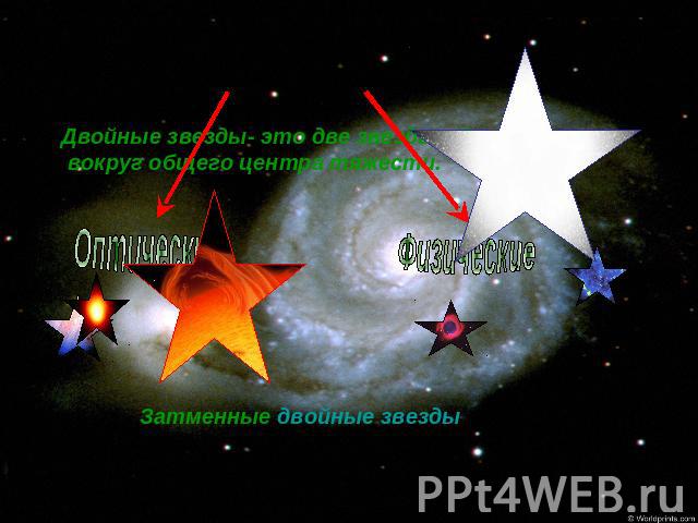Двойные звезды Двойные звезды- это две звезды обращающиеся вокруг общего центра тяжести. Затменные двойные звезды