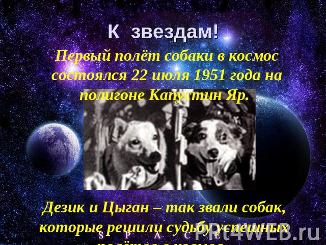 К звездам! Первый полёт собаки в космос состоялся 22 июля 1951 года на полигоне Капустин Яр. Дезик и Цыган – так звали собак, которые решили судьбу успешных полётов в космос.