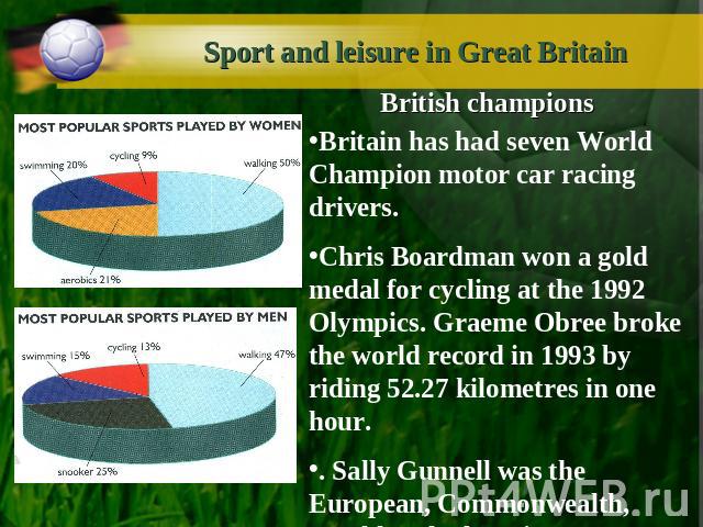 Sport and leisure in Great Britain Britain has had seven World Champion motor car racing drivers. Chris Boardman won a gold medal for cycling at the 1992 Olympics. Graeme Obree broke the world record in 1993 by riding 52.27 kilometres in one hour.. …