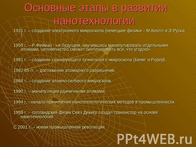 Основные этапы в развитии нанотехнологии 1931 г. – создание электронного микроскопа (немецкие физики – М.Кнолл и Э.Руска).1959 г. – Р.Фейман - «в будущем, научившись манипулировать отдельными атомами, человечество сможет синтезировать все, что угодн…