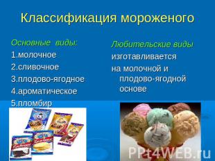 Классификация мороженого Основные виды:1.молочное2.сливочное3.плодово-ягодное4.а