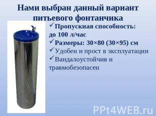 Нами выбран данный вариант питьевого фонтанчика Пропускная способность: до 100 л