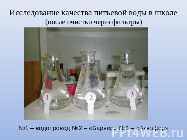 Исследование качества питьевой воды в школе(после очистки через фильтры) №1 – водопровод №2 – «Барьер» №3 – «Аквафор»