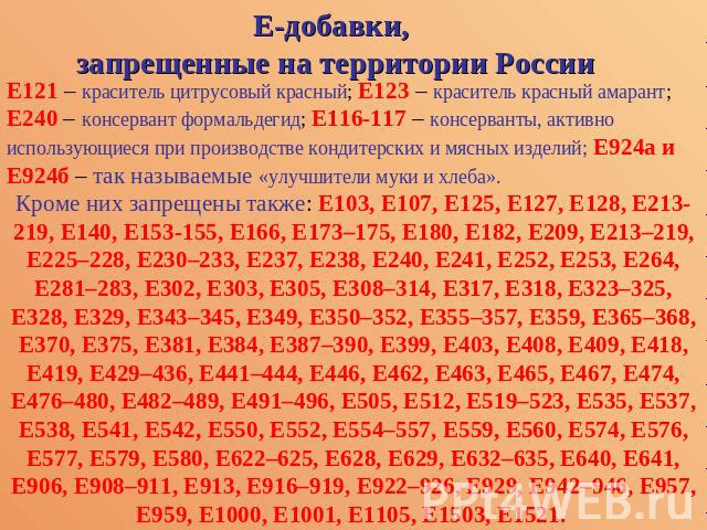 Е-добавки, запрещенные на территории России Е121 – краситель цитрусовый красный; Е123 – краситель красный амарант; Е240 – консервант формальдегид; Е116-117 – консерванты, активно использующиеся при производстве кондитерских и мясных изделий; E924а и…