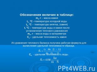 Обозначения величин в таблице:mк, г – масса камняt1, °С –температура холодной во