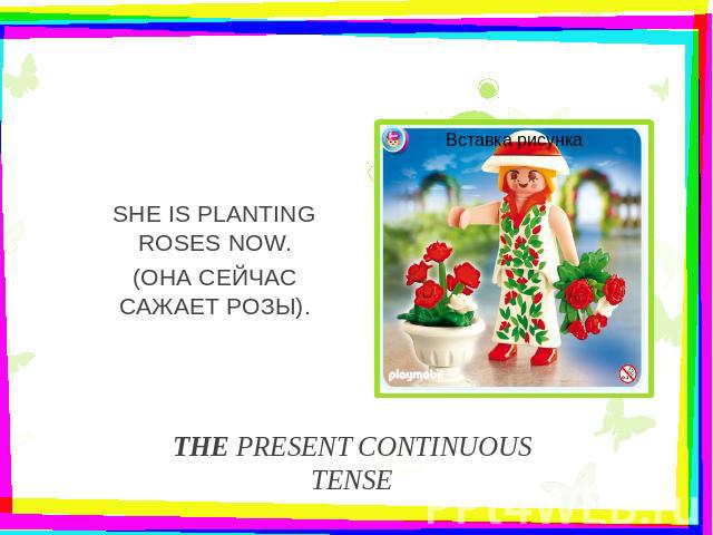 THE PRESENT CONTINUOUS TENSESHE IS PLANTING ROSES NOW.(ОНА СЕЙЧАС САЖАЕТ РОЗЫ).