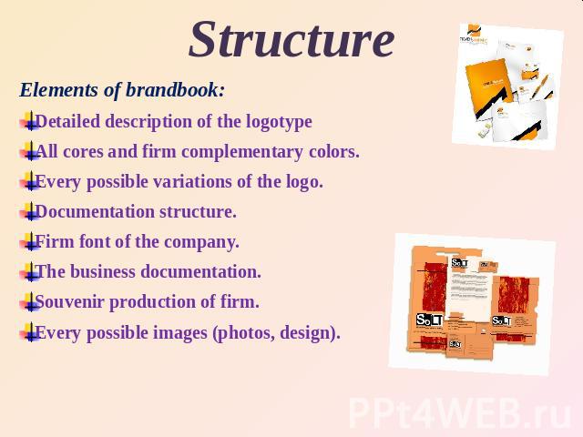 StructureElements of brandbook:Detailed description of the logotypeAll cores and firm complementary colors.Every possible variations of the logo.Documentation structure.Firm font of the company.The business documentation.Souvenir production of …