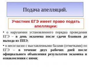 Подача апелляций.Участник ЕГЭ имеет право подать апелляции:о нарушении установле