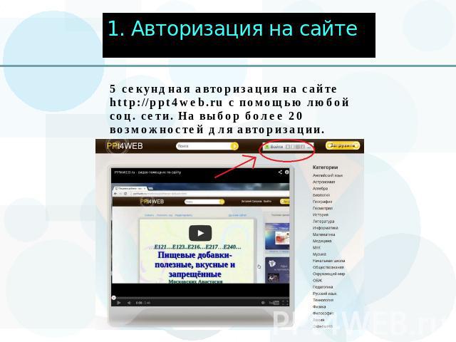 1. Авторизация на сайте5 секундная авторизация на сайте http://ppt4web.ru с помощью любой соц. сети. На выбор более 20 возможностей для авторизации.