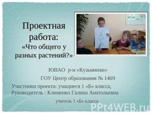 ЮВАО р-н «Кузьминки»ГОУ Центр образования № 1469Участники проекта: учащиеся 1 «Б