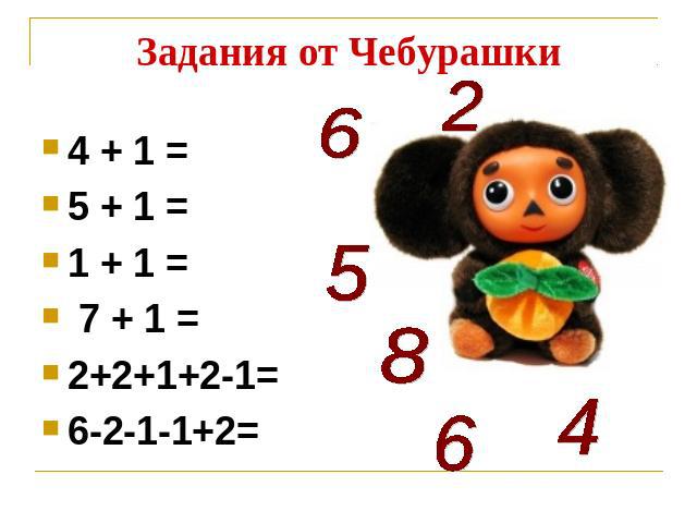 Задания от Чебурашки4 + 1 = 5 + 1 = 1 + 1 = 7 + 1 =2+2+1+2-1=6-2-1-1+2=