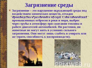 Загрязнение среды Загрязнение – это нарушение окружающей среды под воздействием