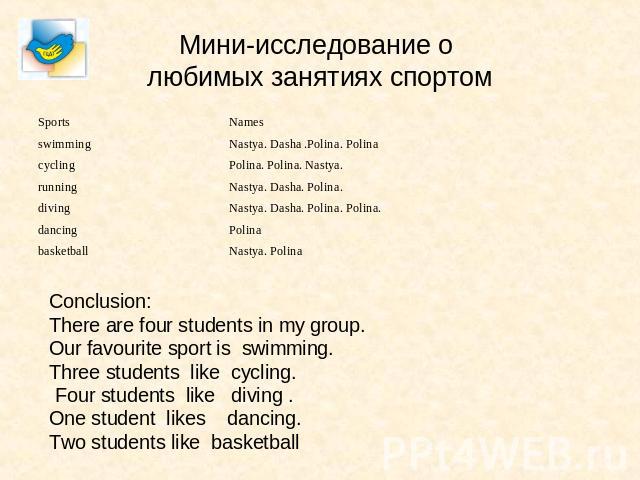 Мини-исследование о любимых занятиях спортом Conclusion:There are four students in my group.Our favourite sport is swimming.Three students like cycling. Four students like diving . One student likes dancing.Two students like basketball