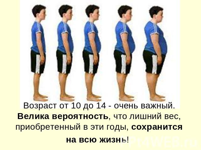 Возраст от 10 до 14 - очень важный. Велика вероятность, что лишний вес, приобретенный в эти годы, сохранится на всю жизнь!