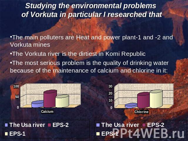Studying the environmental problems of Vorkuta in particular I researched that The main polluters are Heat and power plant-1 and -2 and Vorkuta minesThe Vorkuta river is the dirtiest in Komi RepublicThe most serious problem is the quality of drinkin…