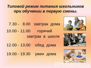 Типовой режим питания школьников при обучении в первую смены. 7.30 - 8.00 завтра