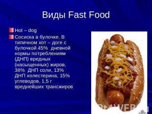 Виды Fast Food Hot – dogСосиска в булочке. В типичном хот – доге с булочкой 45%