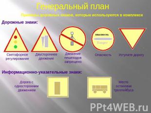 Генеральный план Примеры дорожных знаков, которые используются в комплексе Дорож