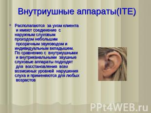 Внутриушные аппараты(ITE) Располагаются  за ухом клиента  и имеют соединение  с