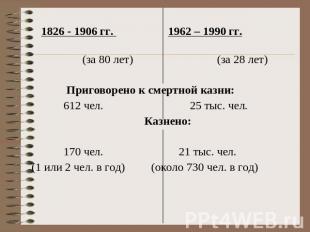1826 - 1906 гг. 1962 – 1990 гг. (за 80 лет) (за 28 лет) Приговорено к смертной к