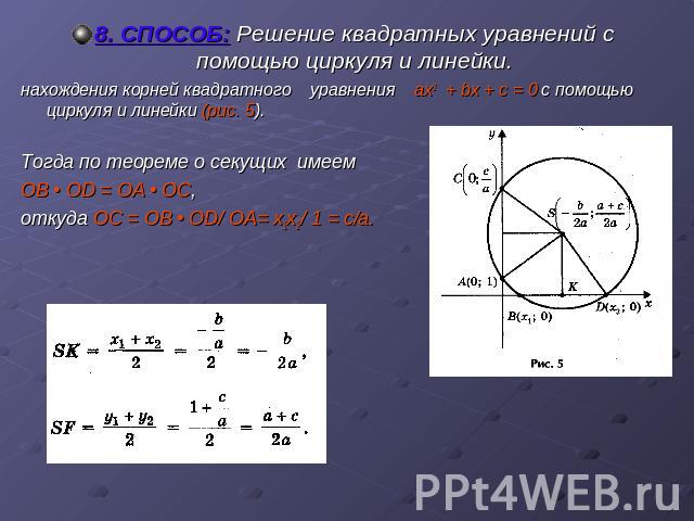 8. СПОСОБ: Решение квадратных уравнений с помощью циркуля и линейки.нахождения корней квадратного уравнения ах2 + bх + с = 0 с помощью циркуля и линейки (рис. 5).Тогда по теореме о секущих имеем OB • OD = OA • OC, откуда OC = OB • OD/ OA= х1х2/ 1 = c/a.