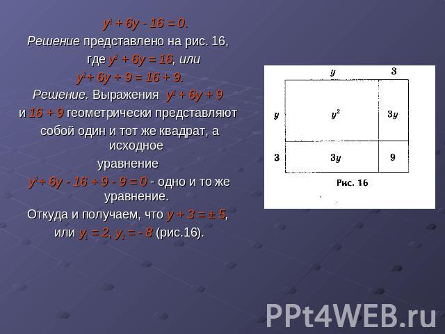 у2 + 6у - 16 = 0.Решение представлено на рис. 16, где у2 + 6у = 16, или у2 + 6у + 9 = 16 + 9. Решение. Выражения у2 + 6у + 9 и 16 + 9 геометрически представляют собой один и тот же квадрат, а исходное уравнение у2 + 6у - 16 + 9 - 9 = 0 - одно и то ж…