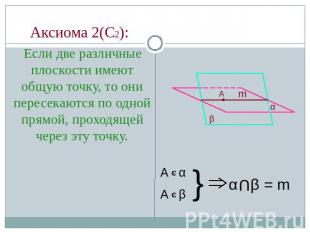 Аксиома 2(С2): Если две различные плоскости имеют общую точку, то они пересекают