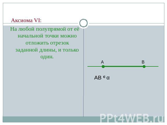 Аксиома VI:На любой полупрямой от её начальной точки можно отложить отрезок заданной длины, и только один.