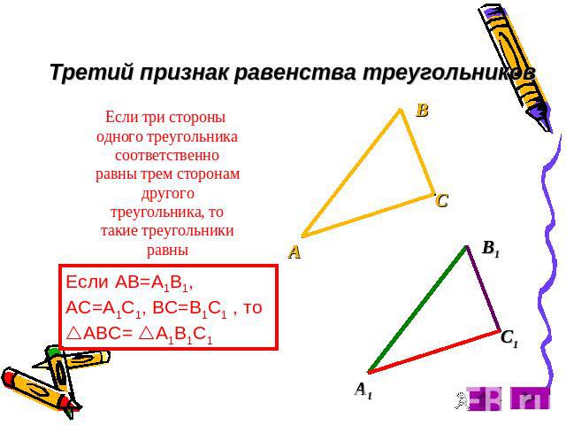 Третий признак равенства треугольников Если три стороны одного треугольника соответственно равны трем сторонам другого треугольника, то такие треугольники равны Если AB=A1B1, AC=A1C1, BC=B1C1 , то ABC= A1B1C1