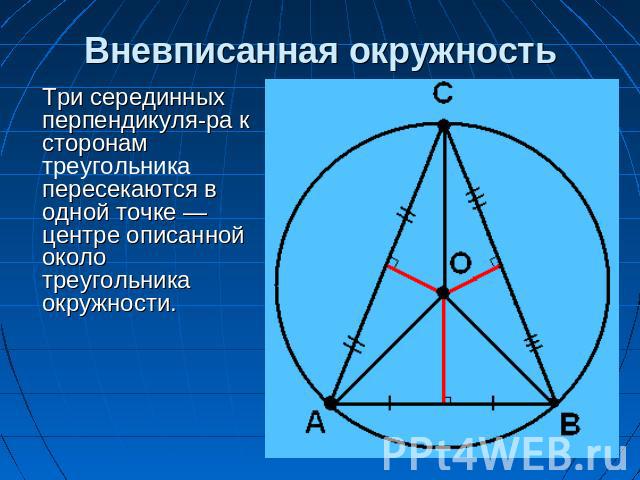 Вневписанная окружностьТри серединных перпендикуля-ра к сторонам треугольника пересекаются в одной точке — центре описанной около треугольника окружности.