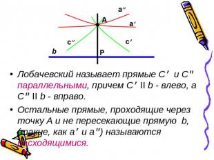 Лобачевский называет прямые С’ и С" параллельными, причем С’ II b - влево, а С"