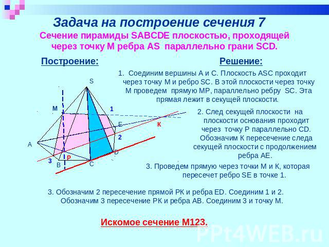 Задача на построение сечения 7 Сечение пирамиды SABCDE плоскостью, проходящей через точку M ребра AS параллельно грани SCD. 1. Соединим вершины А и С. Плоскость ASC проходит через точку М и ребро SC. В этой плоскости через точку М проведем прямую МР…