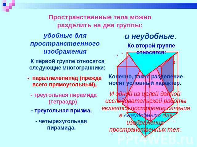 Пространственные тела можно разделить на две группы: удобные для пространственного изображения К первой группе относятся следующие многогранники: - параллелепипед (прежде всего прямоугольный), - треугольная пирамида (тетраэдр) - треугольная призма, …
