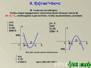 II. f(x)=ax2+bx+c М- точка на оси абсцисс.Чтобы корни квадратного трехчлена были