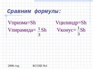 Сравним формулы: Vпризма=ShVпирамида= Sh Vцилиндр=Sh Vконус= Sh