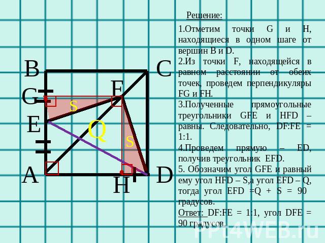 1.Отметим точки G и H, находящиеся в одном шаге от вершин B и D.2.Из точки F, находящейся в равном расстоянии от обеих точек, проведем перпендикуляры FG и FH.3.Полученные прямоугольные треугольники GFE и HFD – равны. Следовательно, DF:FE = 1:1.4.Про…