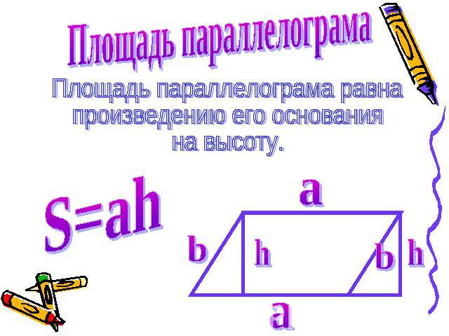 Площадь параллелограма Площадь параллелограма равнапроизведению его основанияна высоту. S=ah