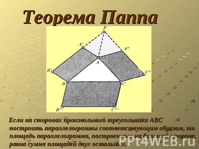 Теорема Паппа Если на сторонах произвольного треугольника АВС построить параллелограммы соответствующим образом, то площадь параллелограмма, построенного на большей стороне, равна сумме площадей двух остальных.