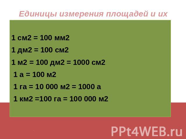 1 см2 = 100 мм21 дм2 = 100 см21 м2 = 100 дм2 = 1000 см2 1 а = 100 м2 1 га = 10 000 м2 = 1000 а 1 км2 =100 га = 100 000 м2