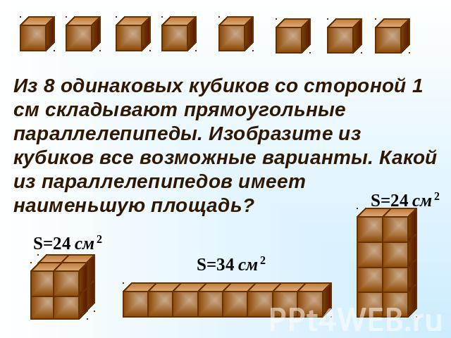 Из 8 одинаковых кубиков со стороной 1 см складывают прямоугольные параллелепипеды. Изобразите из кубиков все возможные варианты. Какой из параллелепипедов имеет наименьшую площадь?