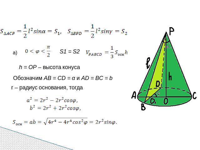 h = OP – высота конуса Обозначим AB = CD = α и AD = BC = b r – радиус основания, тогда