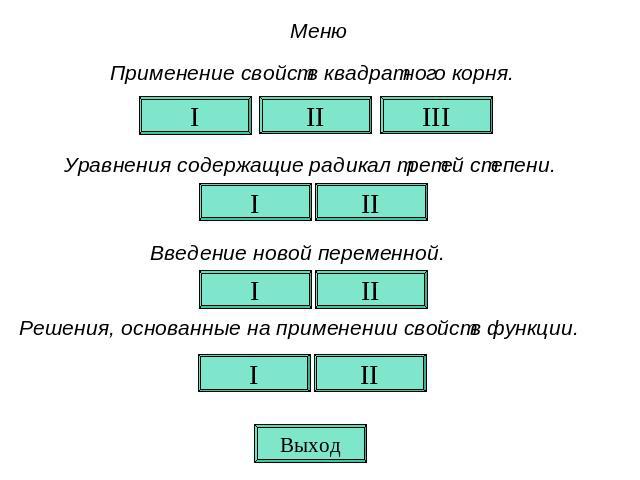 Меню Применение свойств квадратного корня. Уравнения содержащие радикал третей степени. Введение новой переменной. Решения, основанные на применении свойств функции.